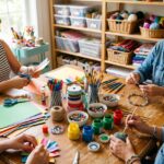A workspace with hands making colorful crafts using paper, paint, beads, and ribbons on a wooden table.