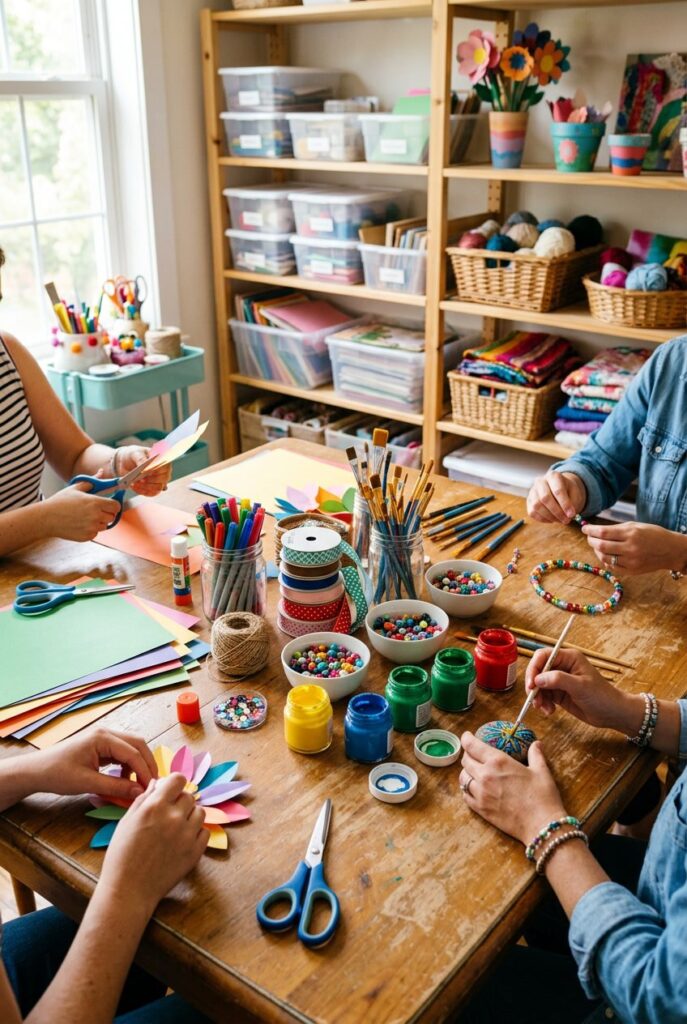 A workspace with hands making colorful crafts using paper, paint, beads, and ribbons on a wooden table.