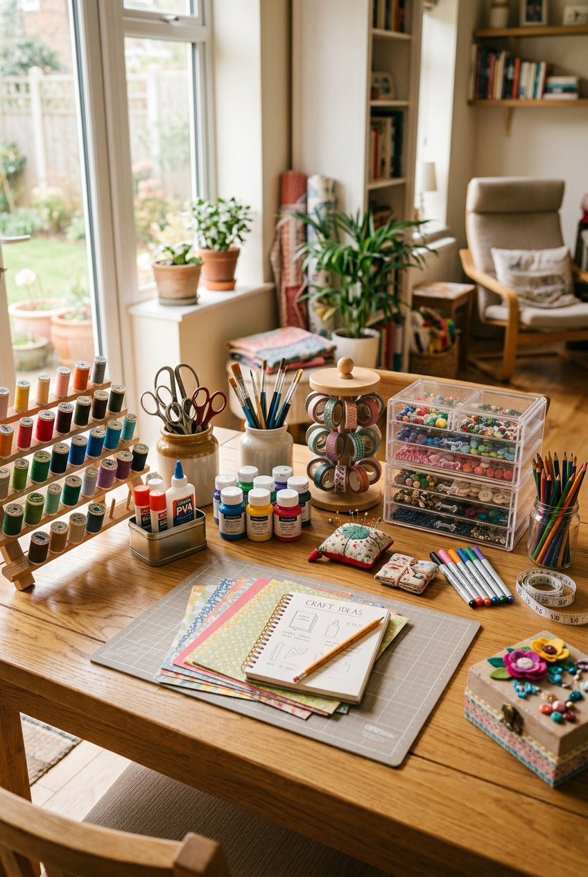 A wooden table filled with various craft supplies like thread, scissors, paint, beads, and paper in a well lit room.
