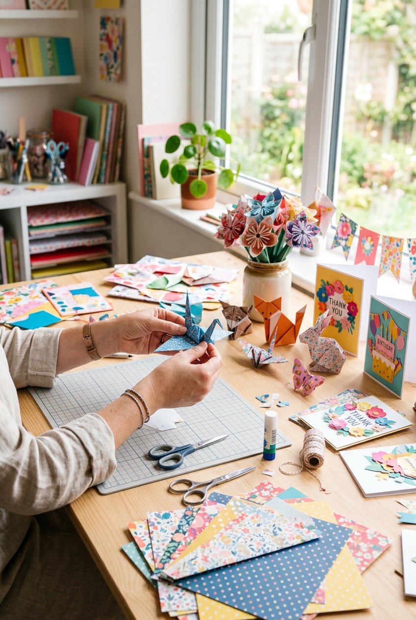 Hands working on colorful paper crafts including origami and paper flowers on a bright, clean table.