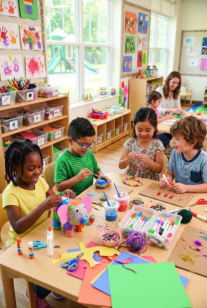 Children happily making crafts with paper, paint, and beads at a table in a bright room.