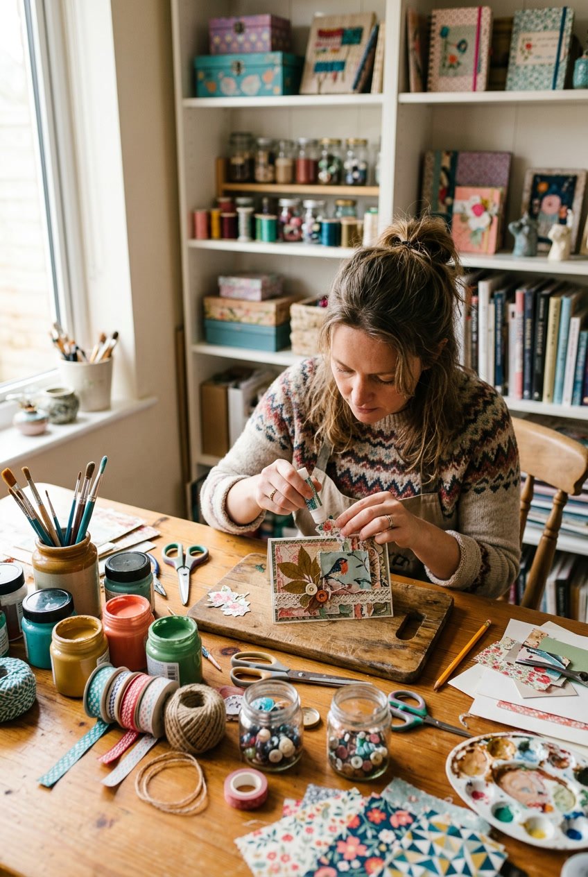 An adult's hands working on a colorful DIY craft project at a table filled with various craft supplies.