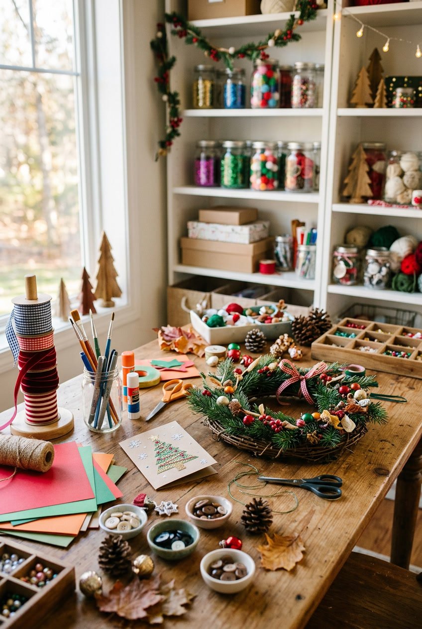 A table covered with colorful craft supplies and partially completed seasonal holiday decorations in a bright, cozy room.