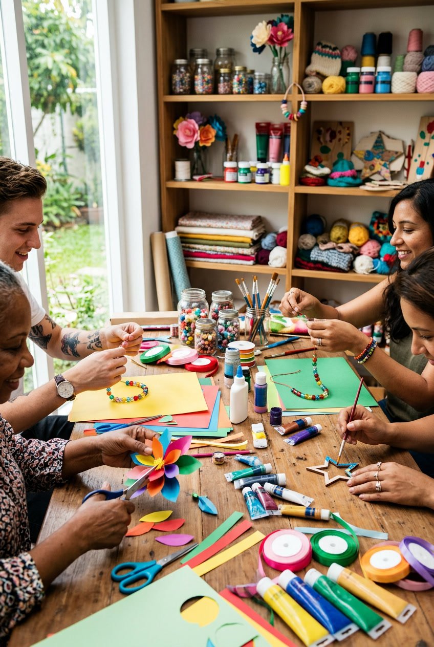 A group of people working together on colorful craft projects at a table filled with various art supplies.