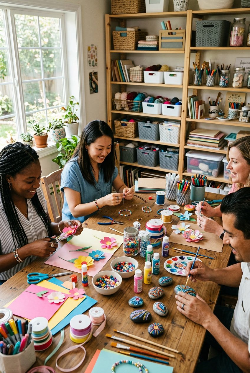 A group of people working together on colorful craft projects at a wooden table with various craft supplies.