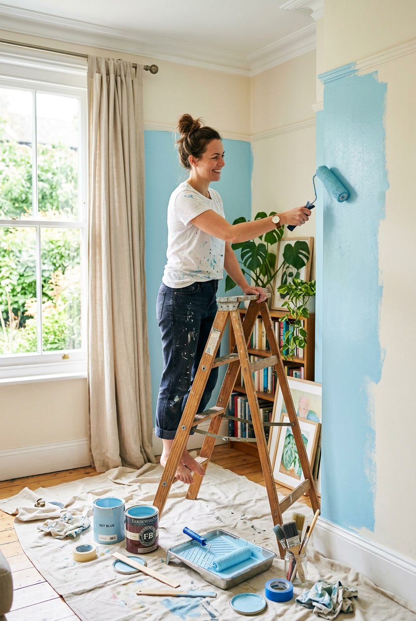 Person painting a wall with a roller brush in a bright room with painting supplies around.