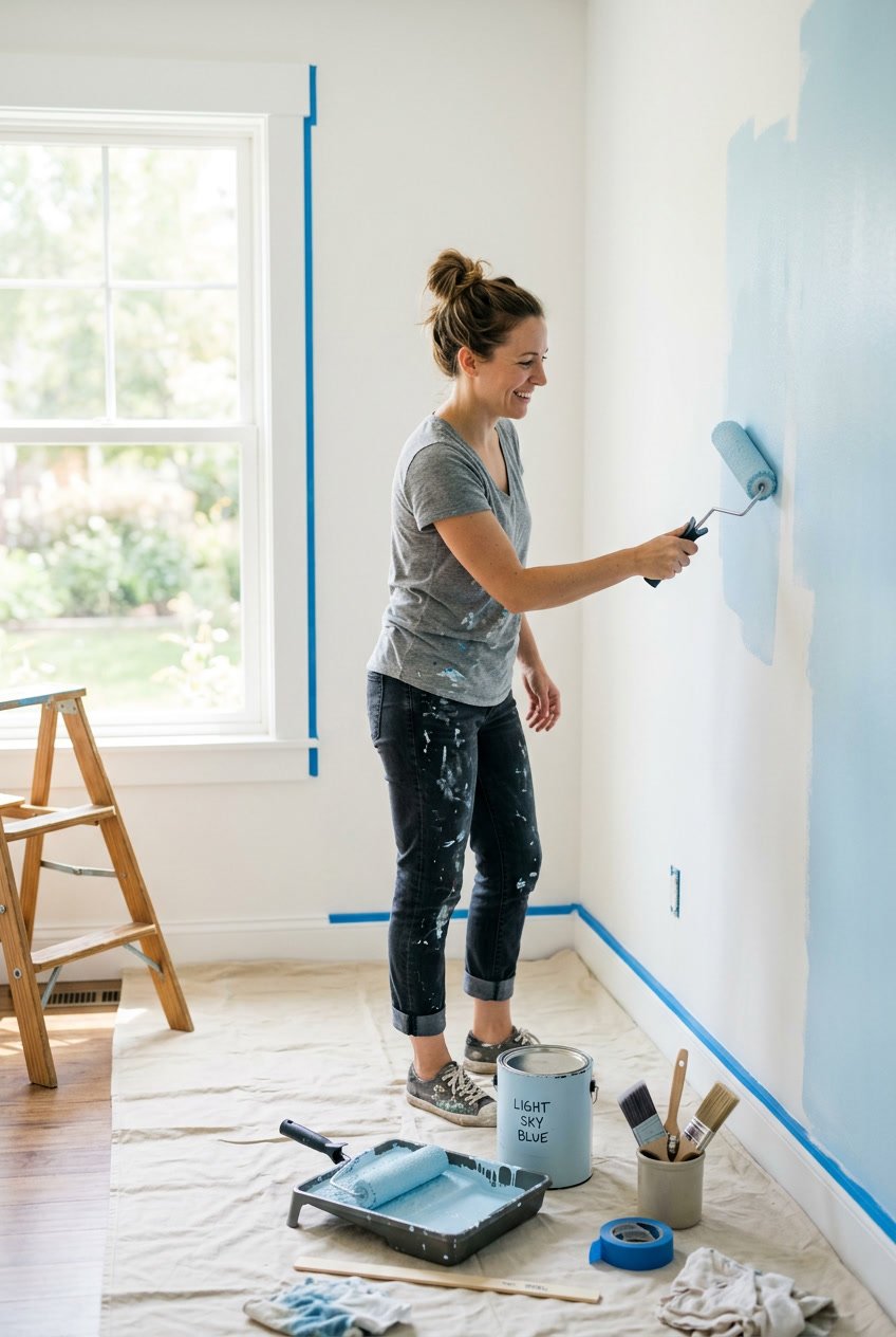 Person painting a wall with a roller in a bright room with painting supplies nearby.