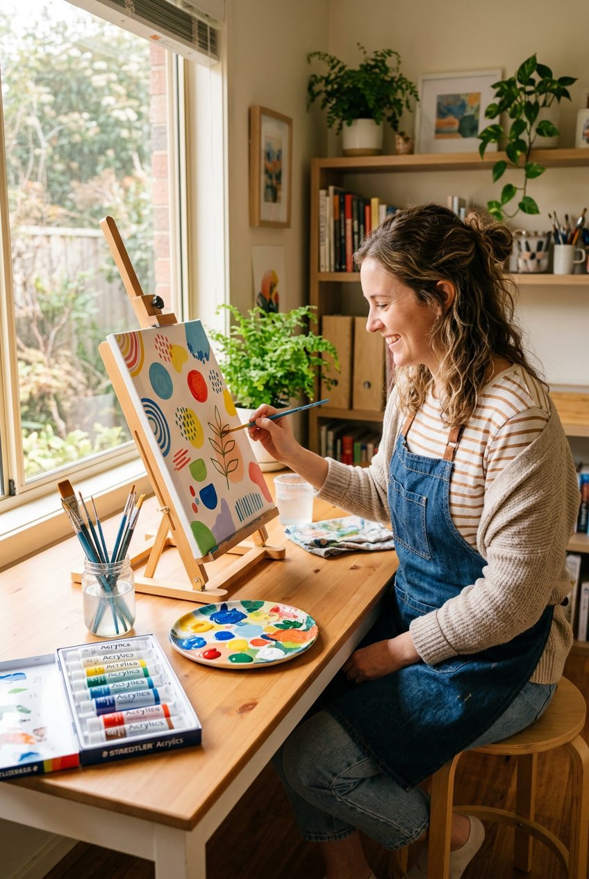 A person painting simple shapes on a canvas at a well lit table with painting supplies.