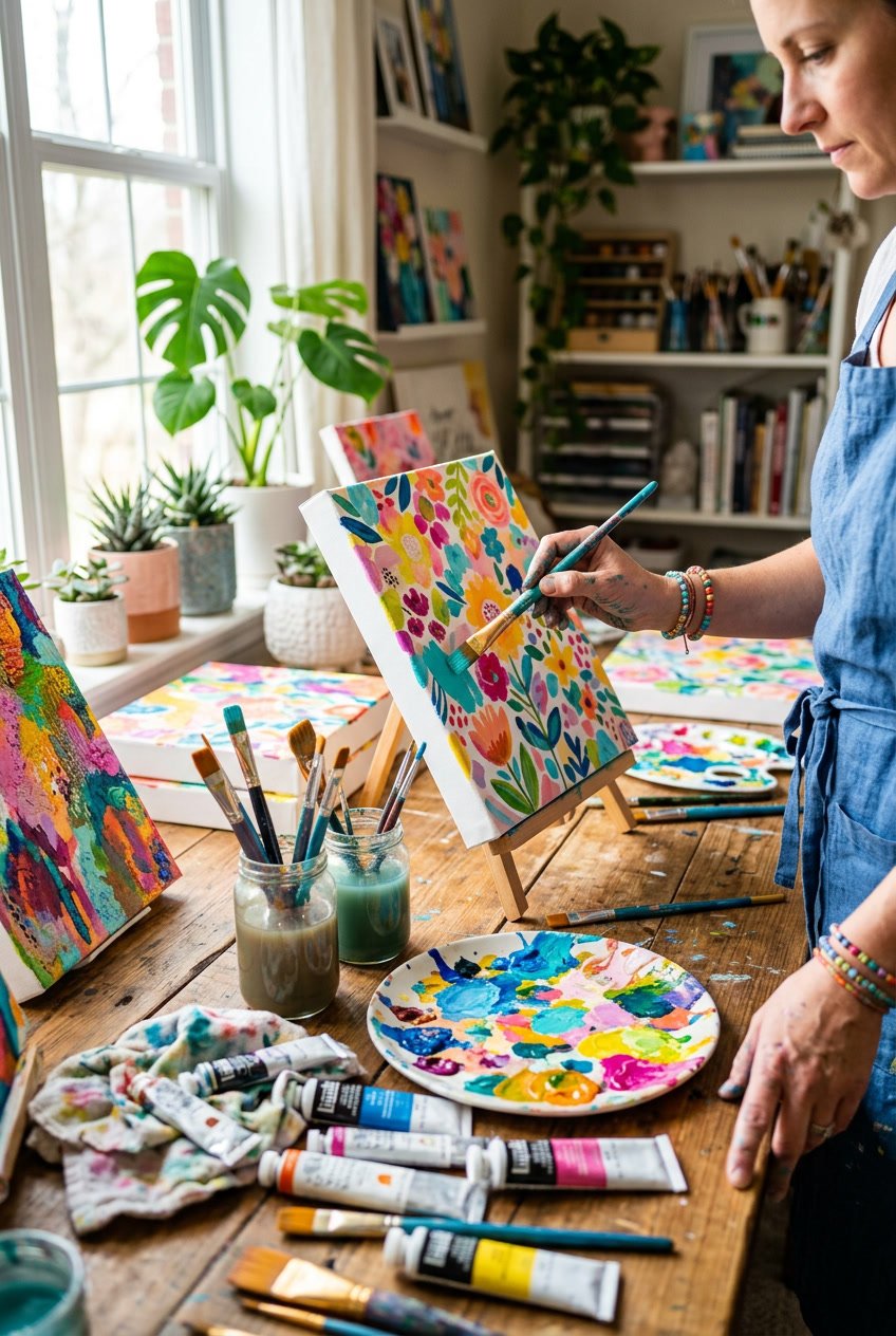 A person painting colorful designs on small canvases at a table filled with art supplies and natural light.
