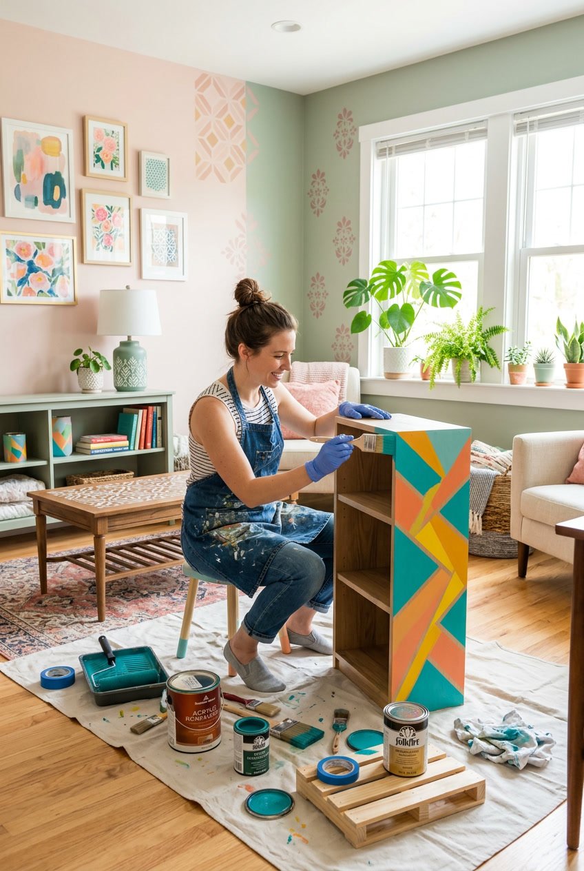 A person painting a wooden shelf in a bright living room with colorful painted walls and decorative patterns, surrounded by paint supplies.