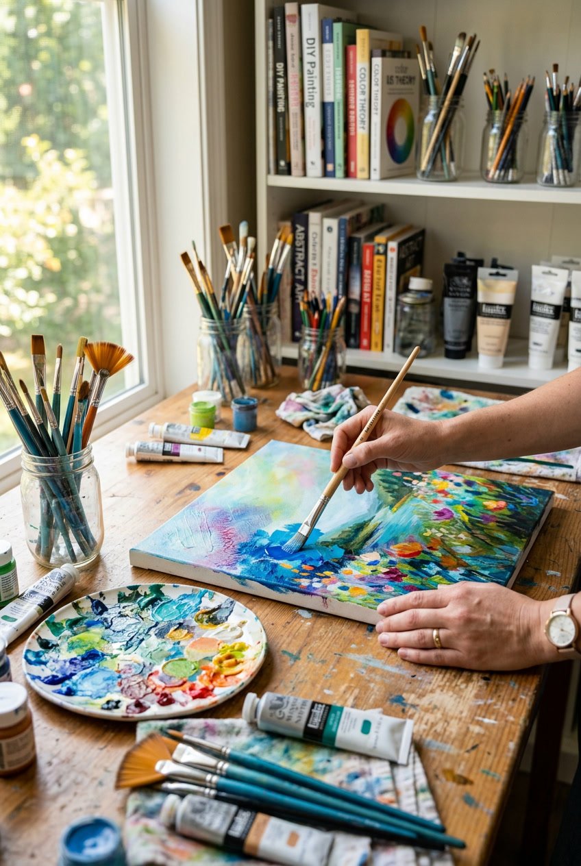 A bright workspace with painting supplies and hands working on a colorful painting project.
