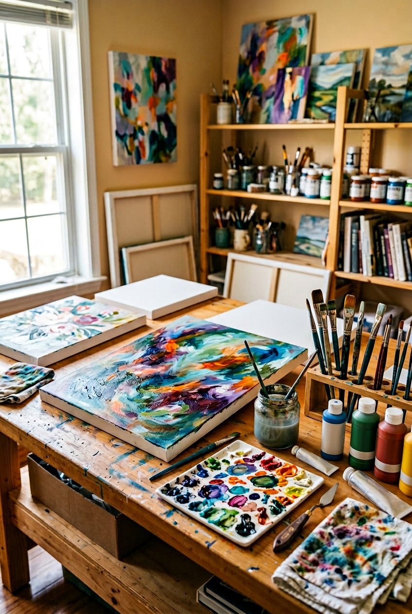 A workspace with canvases, paintbrushes, paints, and art supplies arranged on a wooden table.