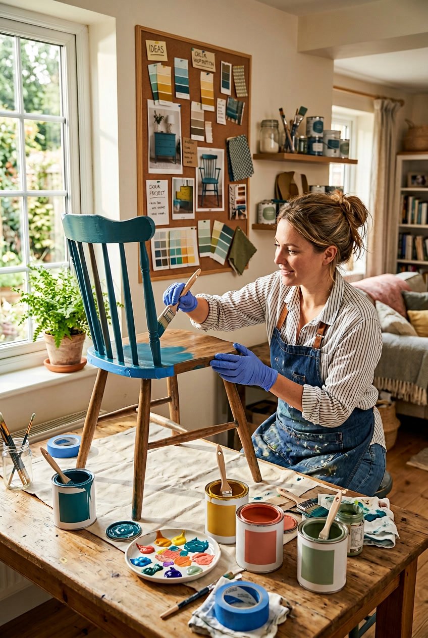 A person painting a wooden chair with various painting supplies on a table in a sunlit room.