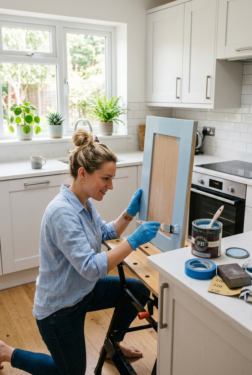Person painting a wooden kitchen cabinet door blue in a bright kitchen with paint supplies on the countertop.