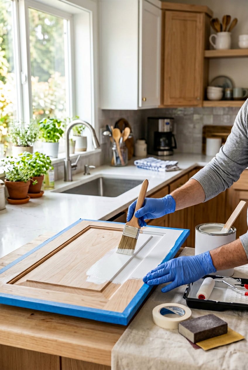 Person painting a wooden kitchen cabinet door white in a bright kitchen with painting tools nearby.