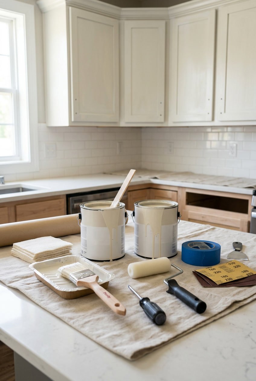 A kitchen workspace with paint cans, brushes, rollers, painter's tape, sandpaper, and a screwdriver arranged on a countertop next to partially painted cabinet doors.