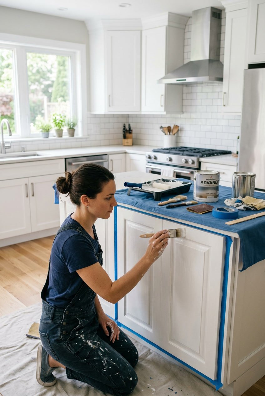 Person painting a kitchen cabinet door in a bright, modern kitchen with painting supplies on the counter.