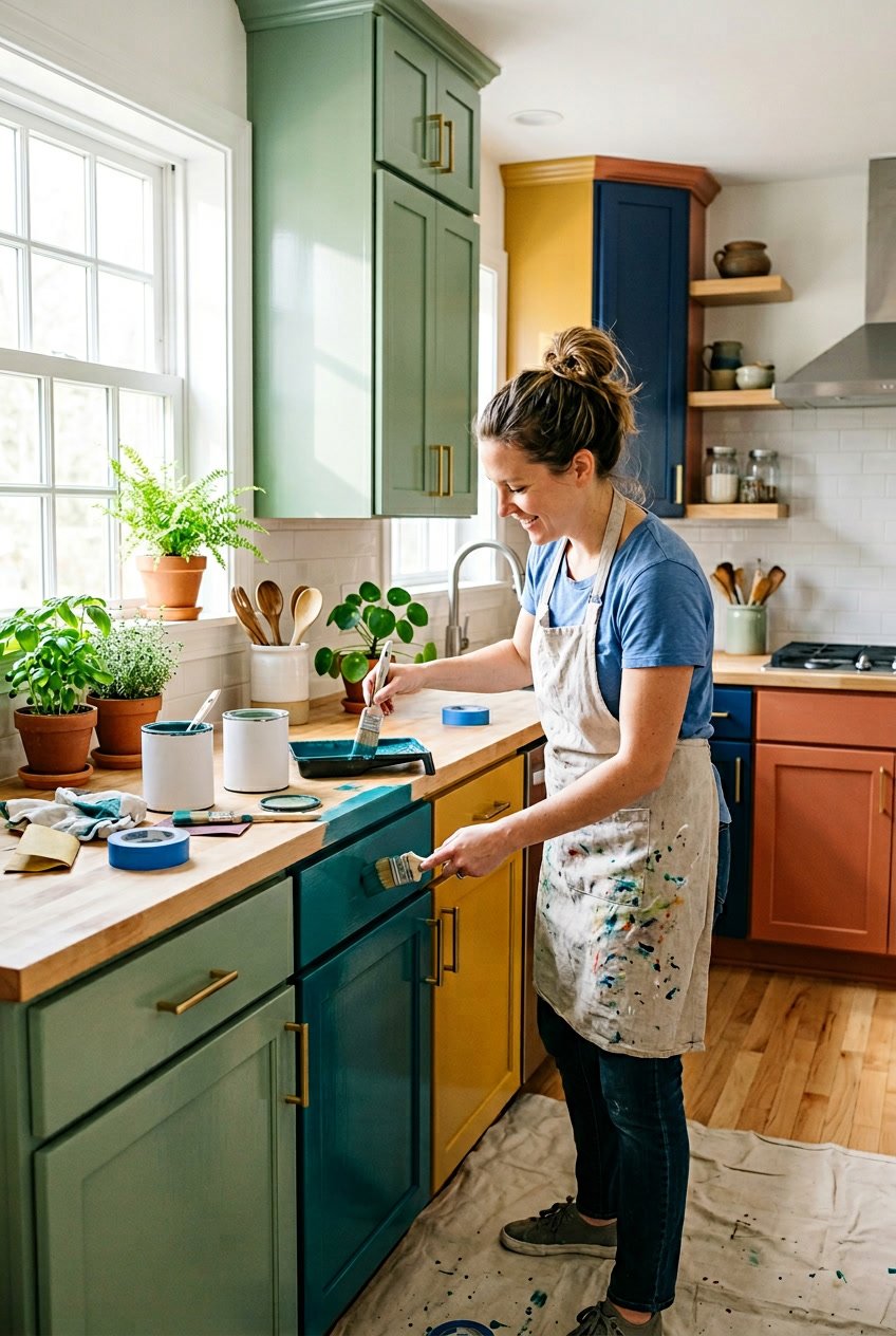 A person painting kitchen cabinets in a bright kitchen with painting supplies nearby.