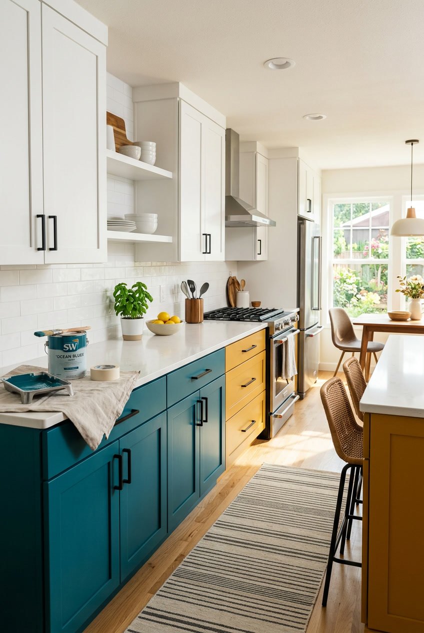 A modern kitchen with freshly painted colorful cabinets in teal, mustard yellow, and white, sunlight streaming through windows, and a clean countertop with decorative items.