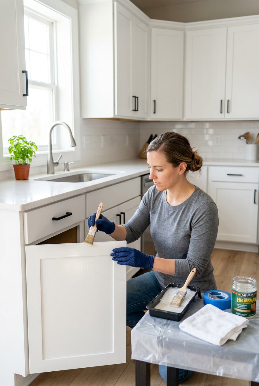 Person applying protective sealant to freshly painted white kitchen cabinet door in a modern kitchen.