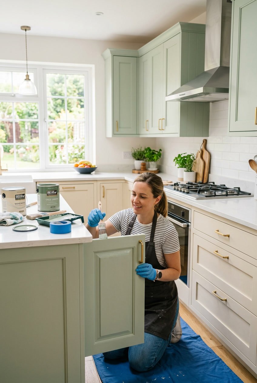 Person painting kitchen cabinets with brushes and paint supplies in a bright, modern kitchen.