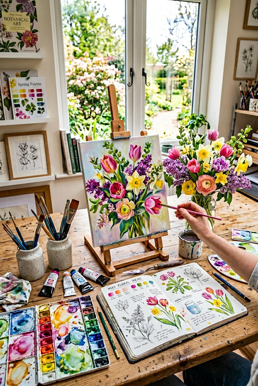An artist's workspace with spring flowers, painting supplies, and floral paintings in progress on a wooden table near a window.