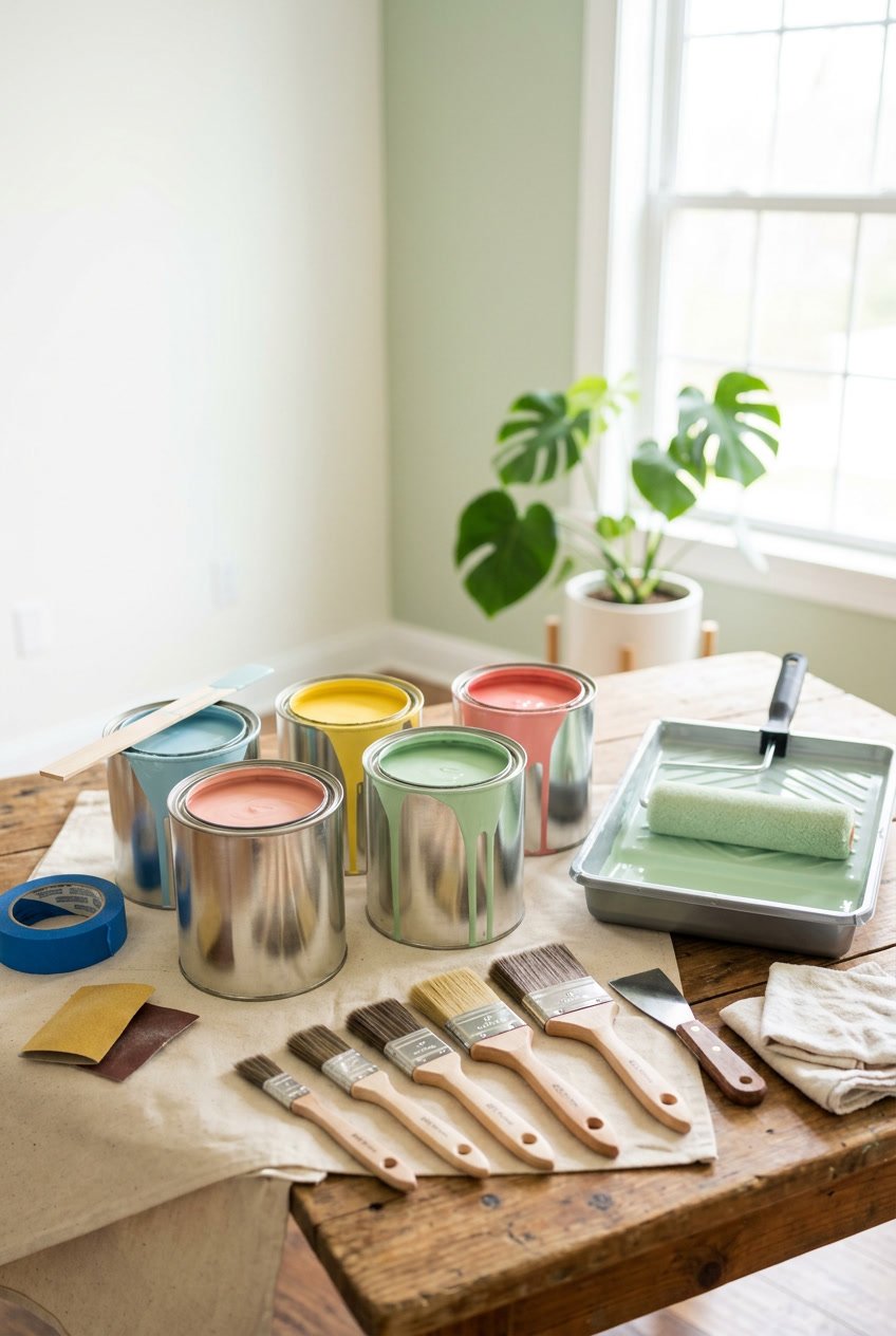 A workspace with open paint cans in spring colors, paintbrushes, a roller, and painter's tape arranged neatly on a table.