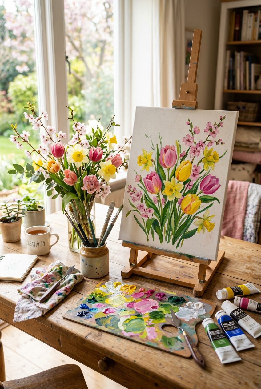 A painting setup on a wooden table with colorful paints, brushes, a canvas showing spring flowers, and fresh flowers in a vase nearby.