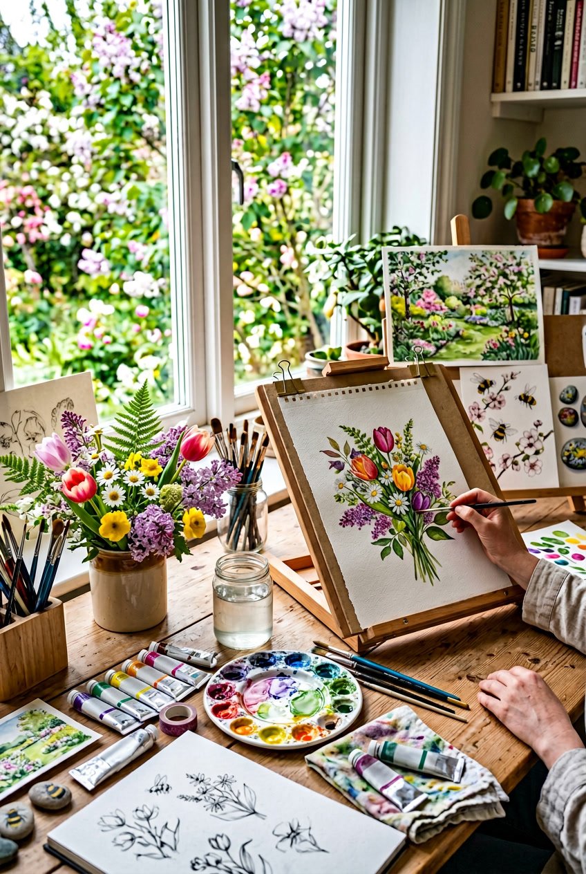 A bright artist's workspace with painting supplies and fresh spring flowers on a table near a sunlit window.