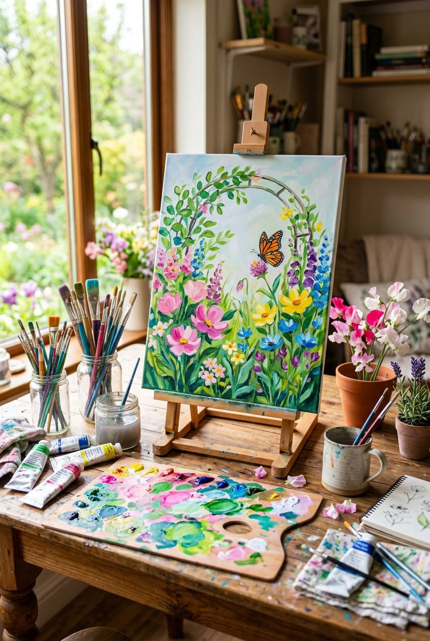 An artist's workspace with painting supplies and a canvas showing spring flowers and butterflies.