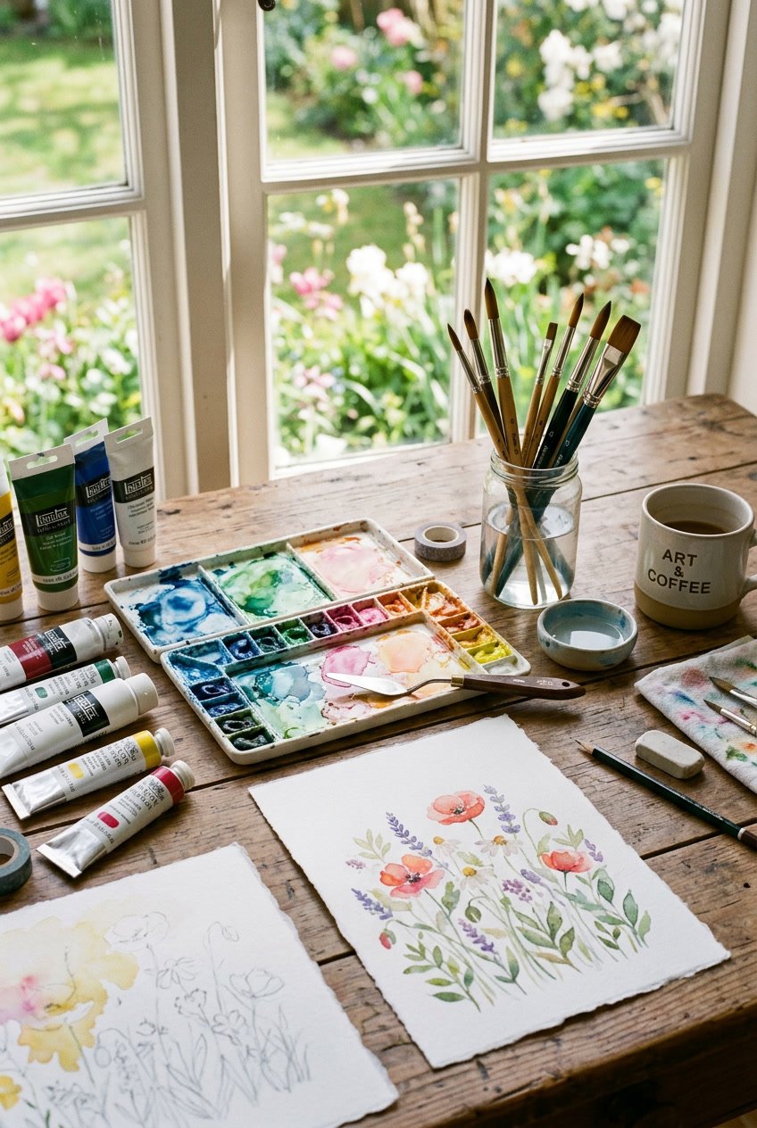 A well lit art workspace with watercolor and acrylic paints, brushes, and partially painted floral artworks on paper.