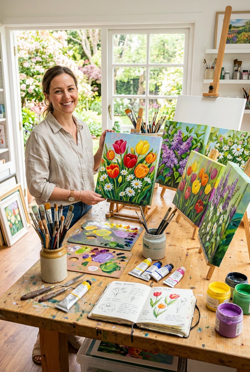 A person holding a colorful spring painting in a bright art studio with flowers and art supplies on a wooden table.