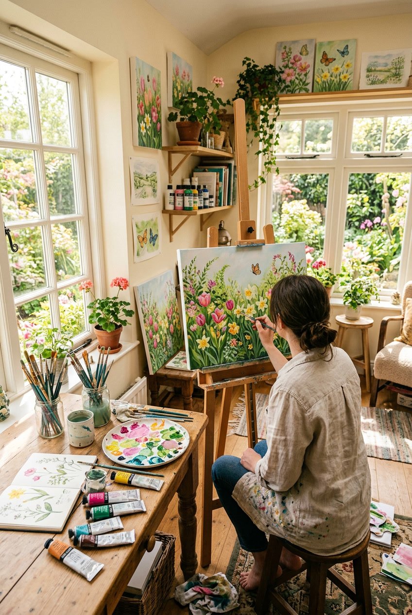 An art studio with painting supplies and colorful spring themed paintings on canvases near sunlit windows.