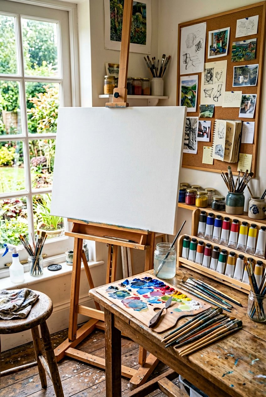 An artist's workspace with a blank canvas on an easel surrounded by paint tubes, brushes, and a palette in natural light.