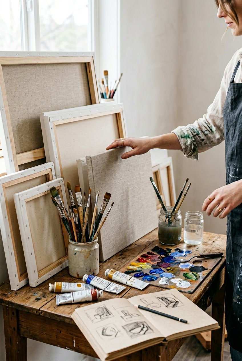 An artist's workspace with blank canvases, paint tubes, brushes, a palette with colors, jars of water, and a sketchbook on a wooden table.