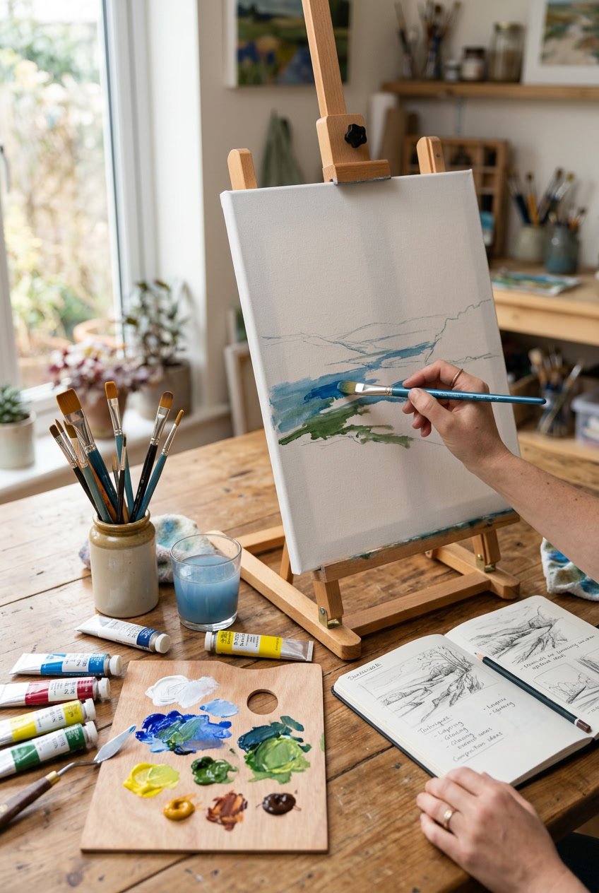 An artist's workspace with paint tubes, brushes, a blank canvas on an easel, and a palette on a wooden table.