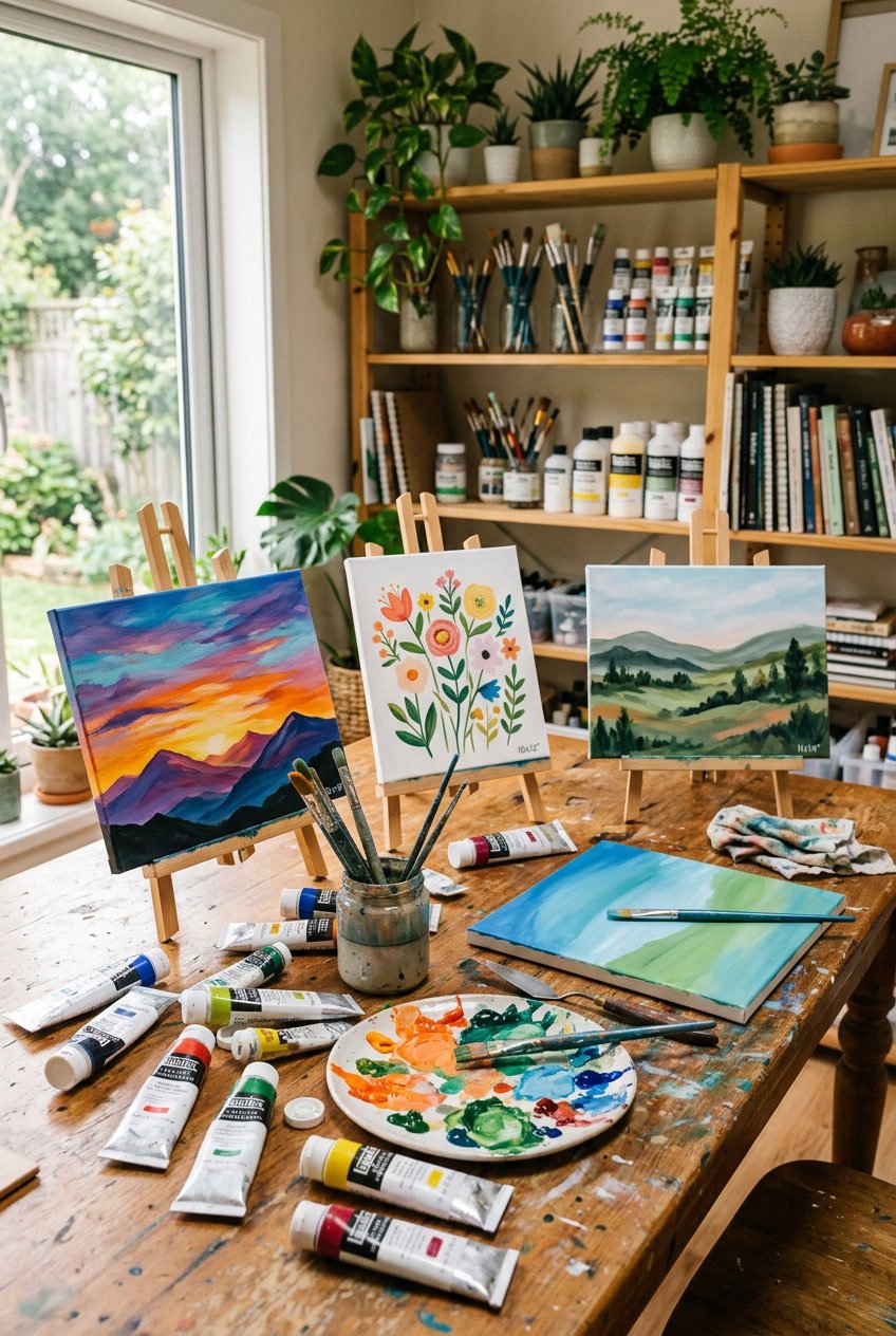A bright art studio workspace with painting supplies and several simple canvas paintings on a wooden table.