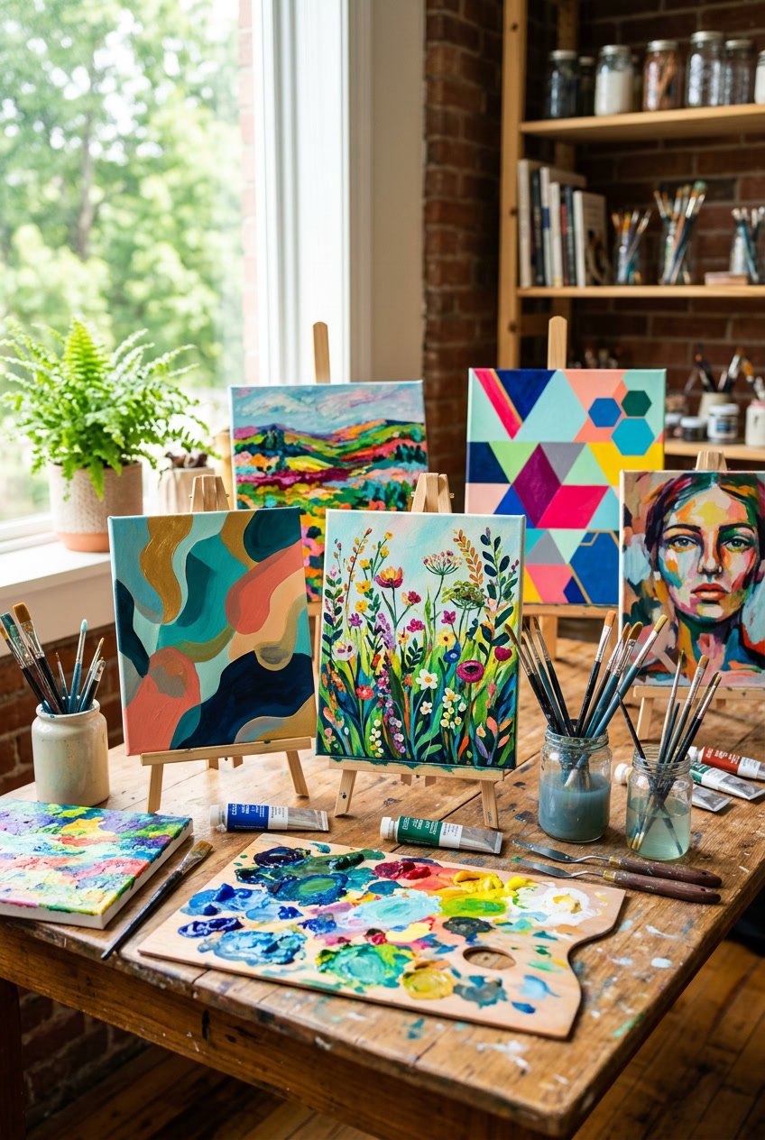 Artist's workspace with several colorful paintings on canvas and art supplies on a wooden table illuminated by natural light.