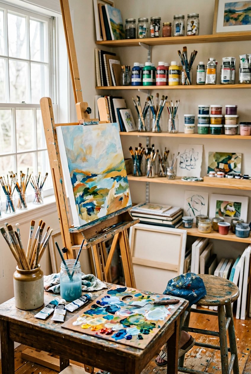 An art studio with a wooden easel holding a canvas, surrounded by paintbrushes, colorful paints, and art supplies on a table near a window.
