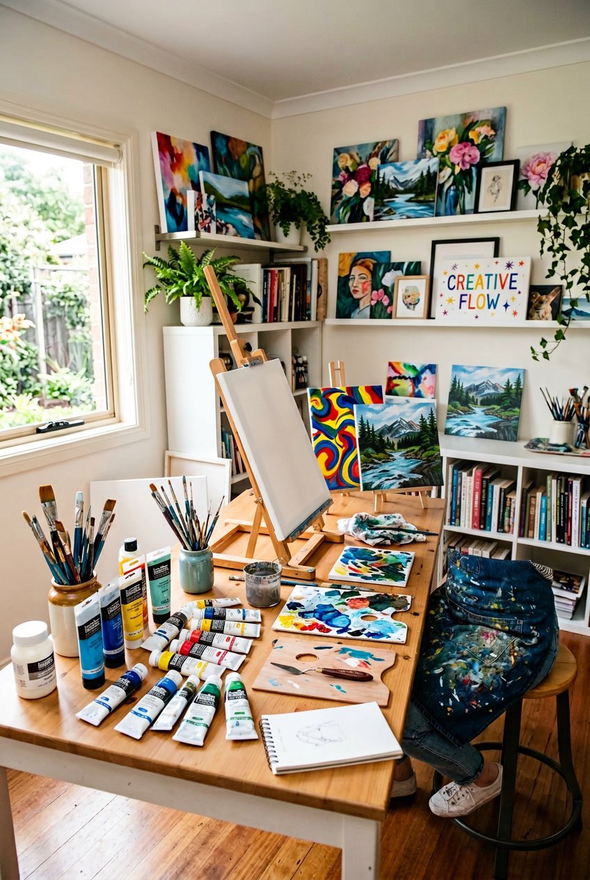 A well lit art workspace with painting supplies, blank and partially painted canvases, and finished canvas artworks displayed on shelves.