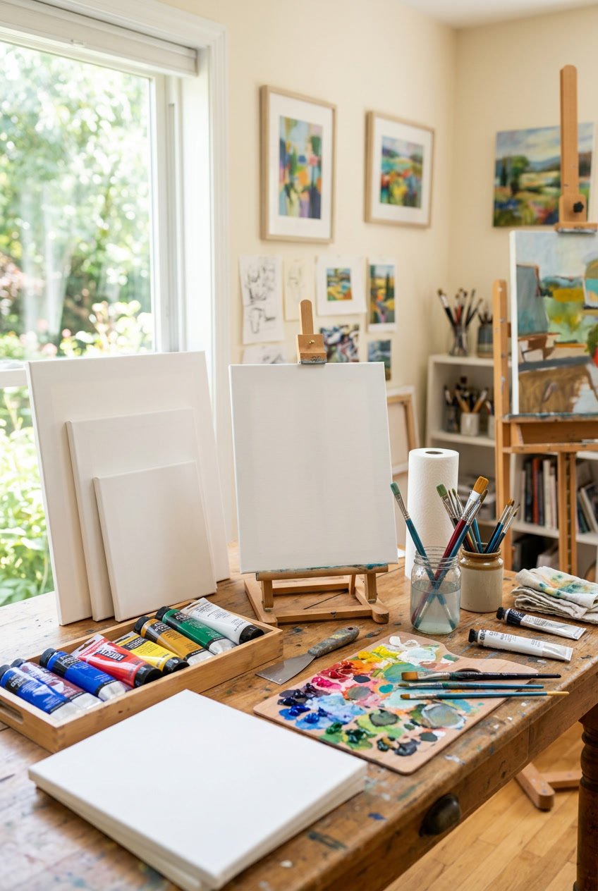 An art studio workspace with blank canvases, paint tubes, brushes, and a palette arranged on a wooden table near a window.