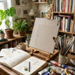 An artist's desk with blank canvases, paintbrushes, paint tubes, and a sketchbook in a cozy studio.