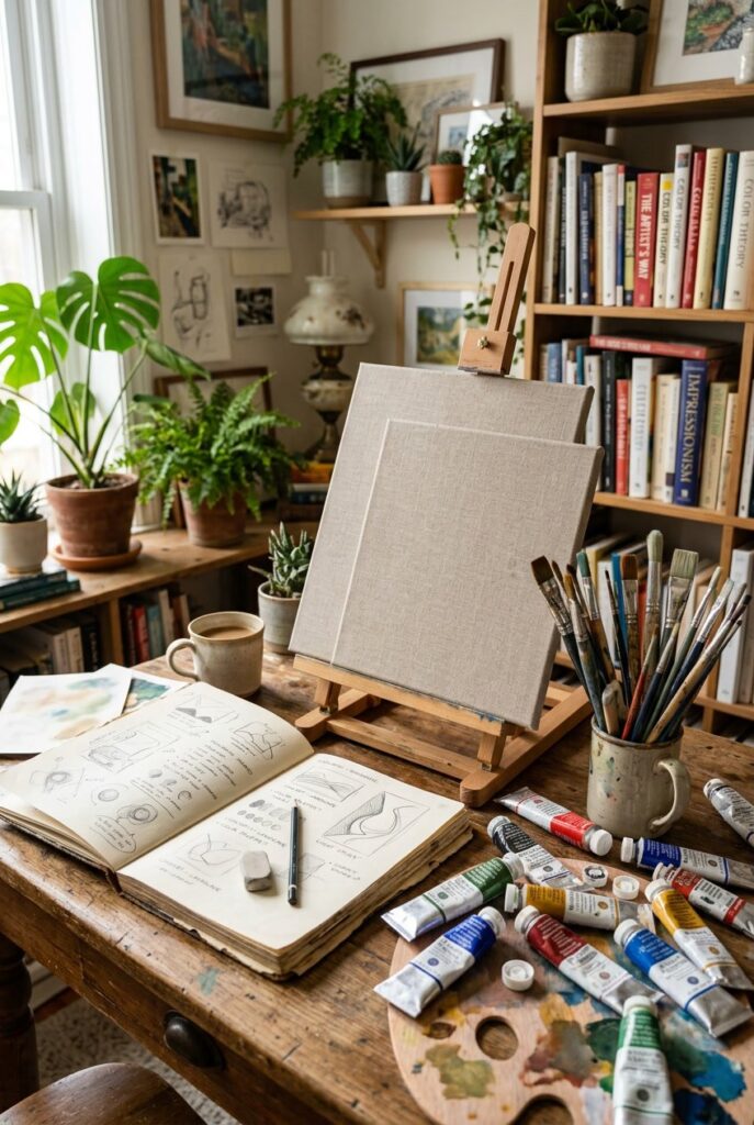 An artist's desk with blank canvases, paintbrushes, paint tubes, and a sketchbook in a cozy studio.