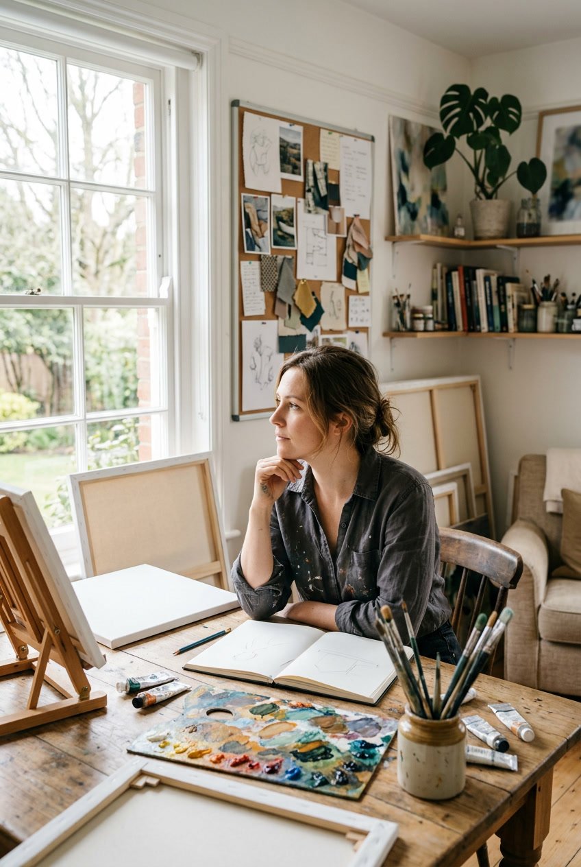 An artist sitting at a table in a bright studio with blank canvases and painting supplies, looking thoughtfully into the distance.