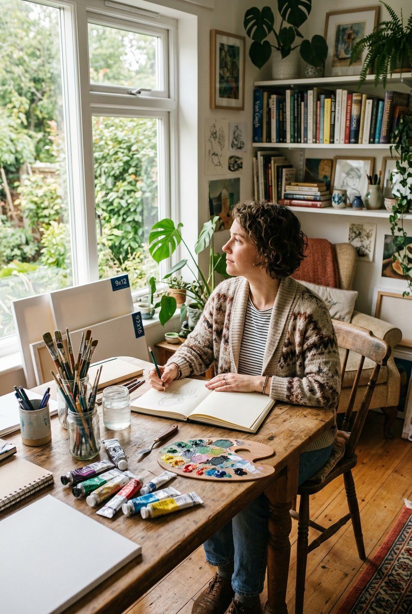 A person sitting at a table with painting supplies and blank sketchbooks, looking thoughtful in a bright art studio.