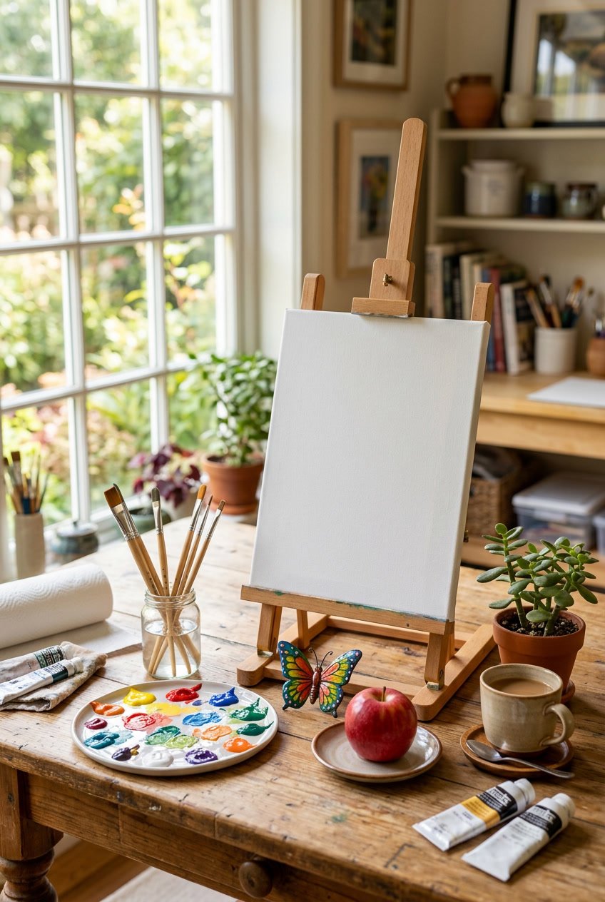 A well lit artist's workspace with painting supplies and simple objects like a plant, apple, butterfly figurine, and coffee cup arranged around a blank canvas.