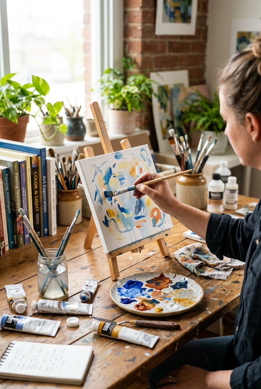 An artist's workspace with painting supplies and a hand holding a brush over a blank canvas.