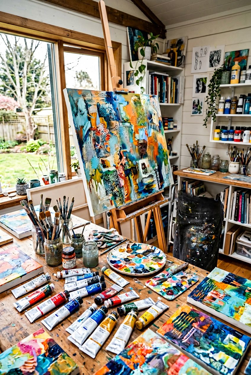 An artist's bright studio workspace with paint supplies, canvases showing experimental paintings, and a large easel with a partially finished artwork.