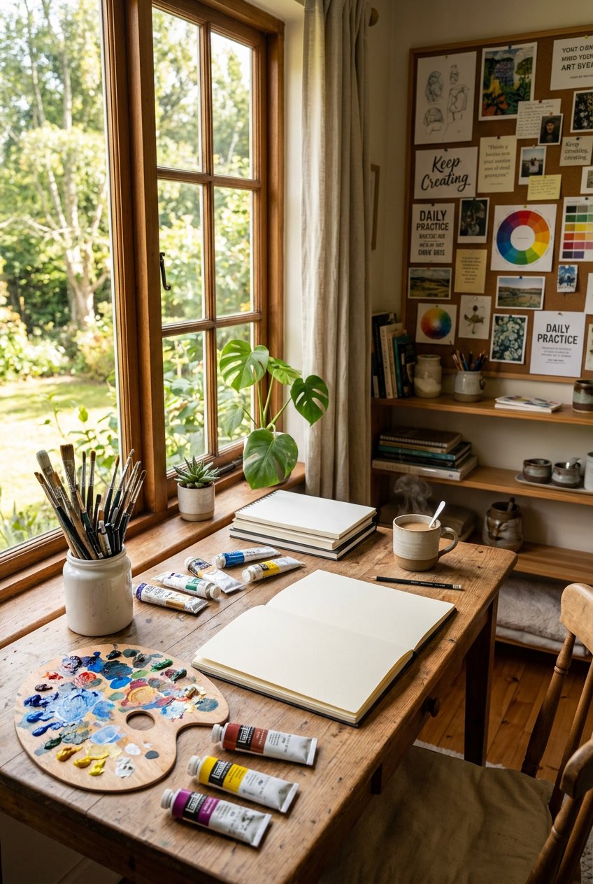 A bright artist's workspace with blank sketchbooks, paint supplies, and a cup of coffee near a window with natural light.