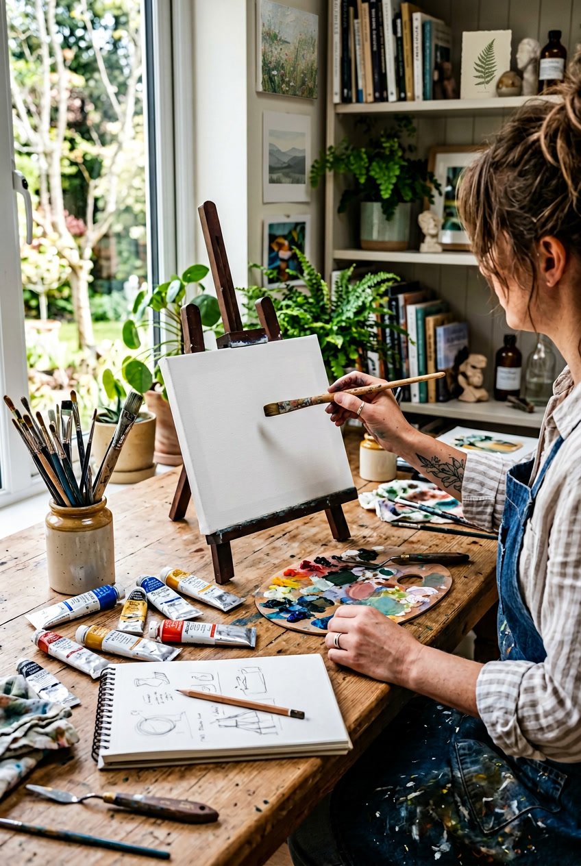 A person holding a paintbrush above a blank canvas on a desk filled with painting supplies and art materials.